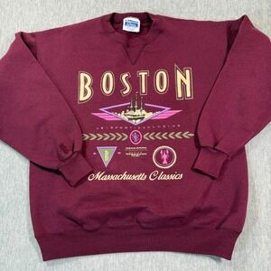 Hanes Sweatshirt Mens XL Maroon Boston Massachusetts Graphic Pullover Crew VTG